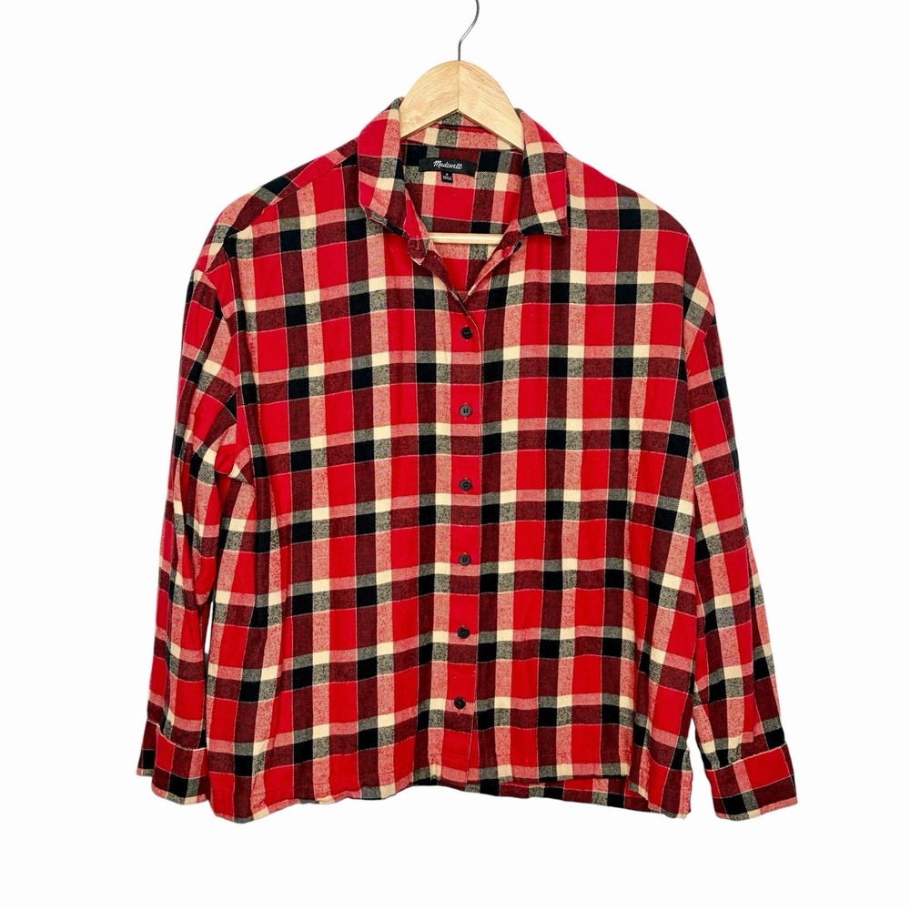 Madewell Plaid Straight Hem Flannel Shirt Red Womens Size M Granola Girl Grunge